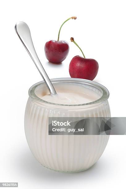 Yogurt In A Glass Jar With Spoon And Cherries Stock Photo - Download Image Now - Breakfast, Cherry, Color Image