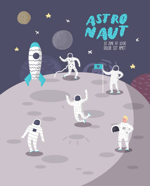 istock Astronaut Characters Poster, Banner with Stars and Rocket. Cosmonaut in Space and Spaceship. Vector illustration 982638352