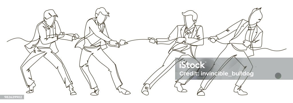 Businessman Pulling the Rope Continuous Line Art. Business Teamwork Linear Concept. Silhouette People Competition. Vector illustration Adult stock vector