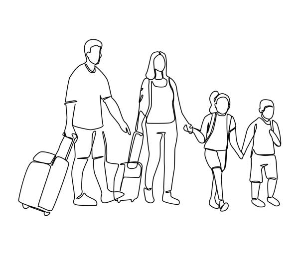 ilustraciones, imágenes clip art, dibujos animados e iconos de stock de línea continua a los padres con los niños que viajan de vacaciones. una línea familiar con equipaje. contornos personas con equipaje. ilustración de vector - viajes familiares