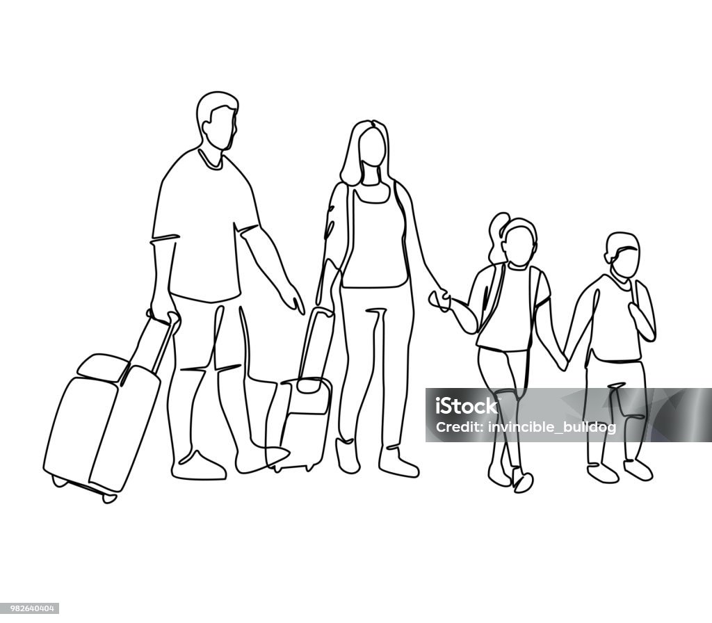 Continuous Line Parents with Children Travelling on Vacation. One Line Family with Baggage. Contour People with Luggage. Vector illustration Line Art stock vector