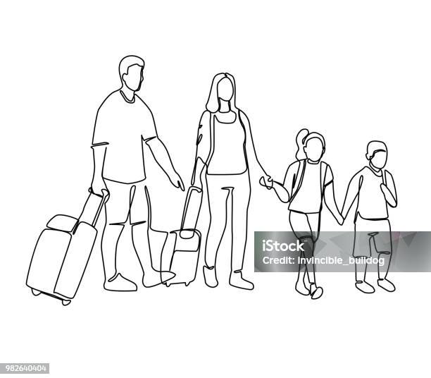 Continuous Line Parents With Children Travelling On Vacation One Line Family With Baggage Contour People With Luggage Vector Illustration Stock Illustration - Download Image Now