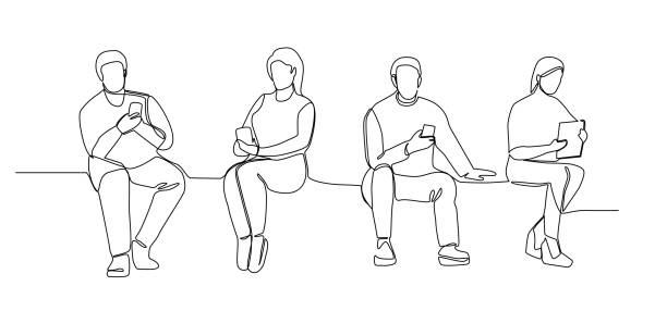 People with Gadgets Continuous Line Art. Man and Woman Using Smartphones One Line Silhouette. Mobile Technologies. Vector illustration People with Gadgets Continuous Line Art. Man and Woman Using Smartphones One Line Silhouette. Mobile Technologies. Vector illustration continuous line drawing stock illustrations