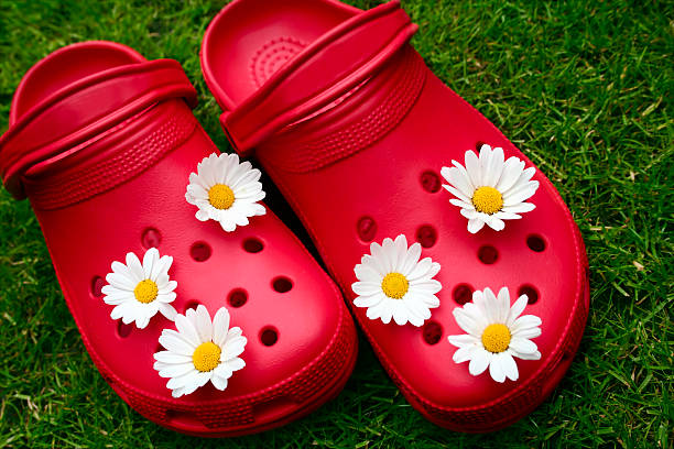 zoccolo rosso con daisies sull'erba - jelly shoe foto e immagini stock