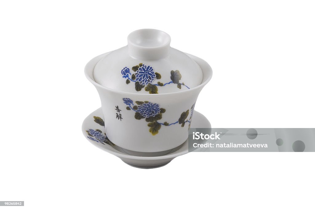 chinese bowl with cover and saucer  Blue Stock Photo