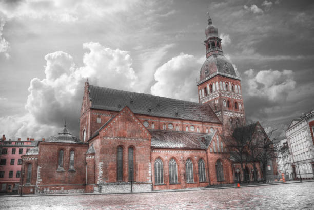 Riga Church of St. Peter and the streets of the ancient city. black and red and white photo