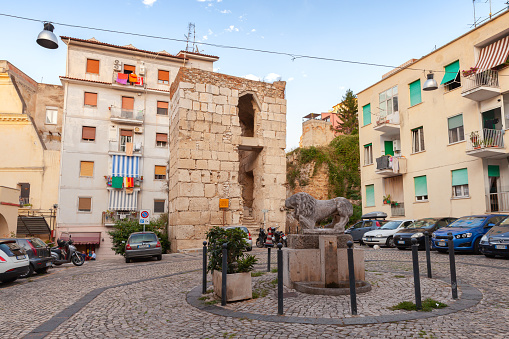 Gaeta, Italy - August 21, 2015: Gaeta old town, street view with old houses and lion monument in summertime