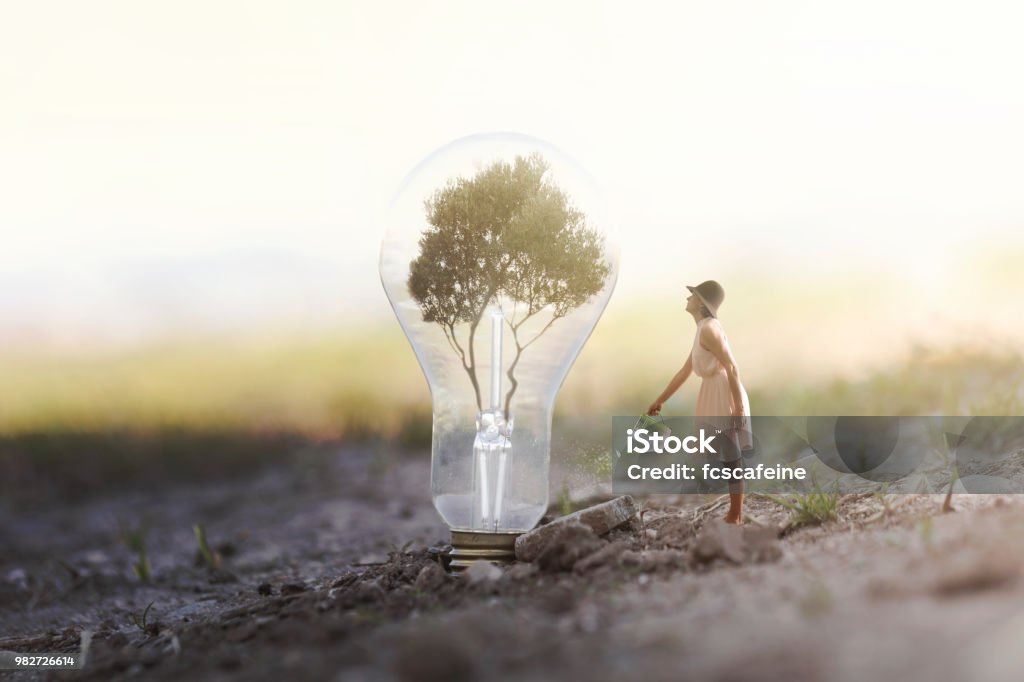 surreal image of a woman watering her plant that needs energy to a light bulb Origins Stock Photo