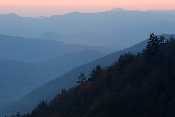 sunrise-lagig smokies - great smoky mountains great smoky mountains national park mountain smoke stock-fotos und bilder