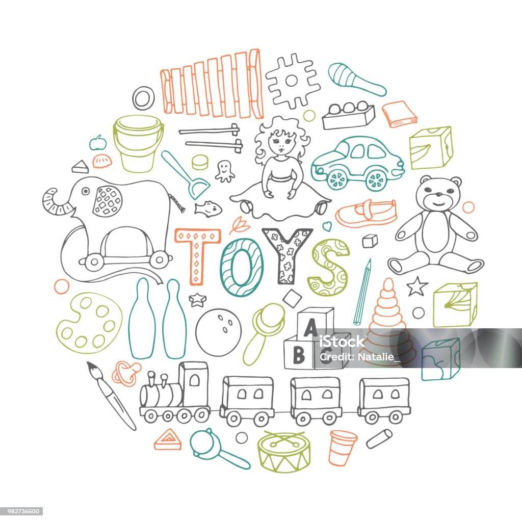 Set of doodles from toys Toys. Set of sketches from different toys on white background. Hand drawn baby vector illustration. Bear stock vector