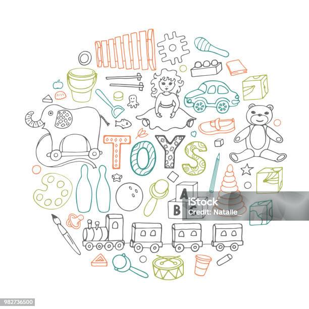 Set Of Doodles From Toys Stock Illustration - Download Image Now - Bear, Bucket, Circle