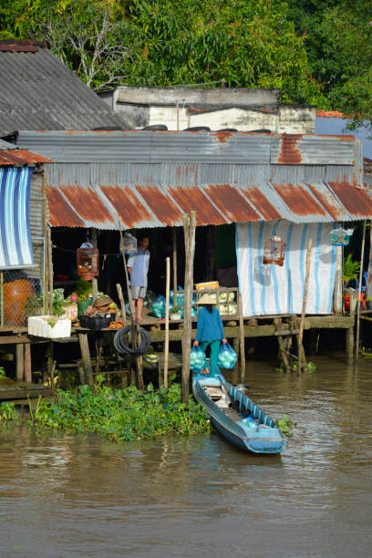 maison et bateau à maisons à phong dien - vietnam market asia bird photos et images de collection