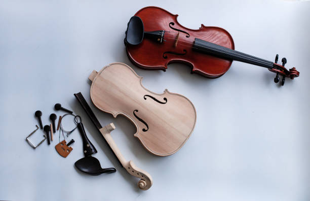 il violino grezzo messo accanto al violino completato su sfondo bianco - workshop old fashioned old instrument maker foto e immagini stock