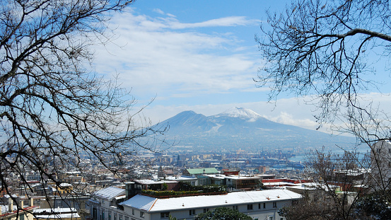 Landscape of the gulf of Naples and the snowy mount Vesuvius after a very rare and memorable snowfall.