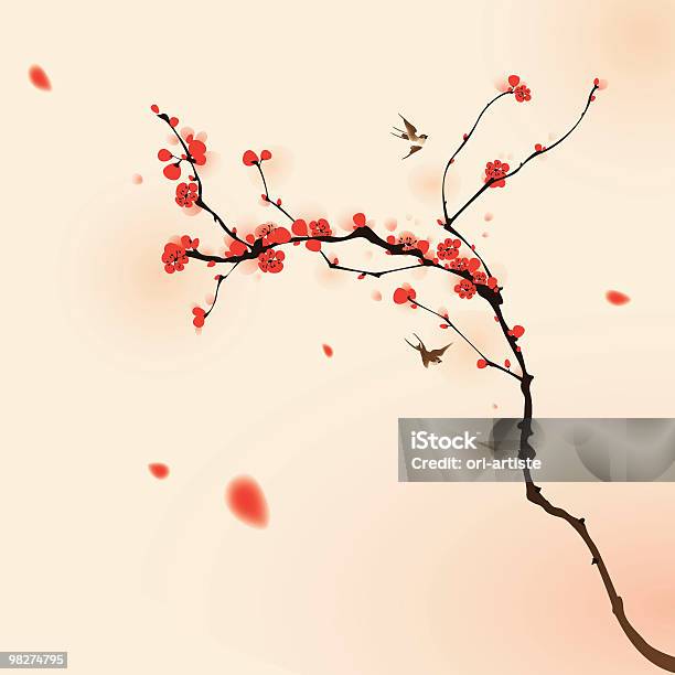 Pintura Estilo Oriental Flor De Ameixa Na Primavera - Arte vetorial de stock e mais imagens de Flor de cerejeira