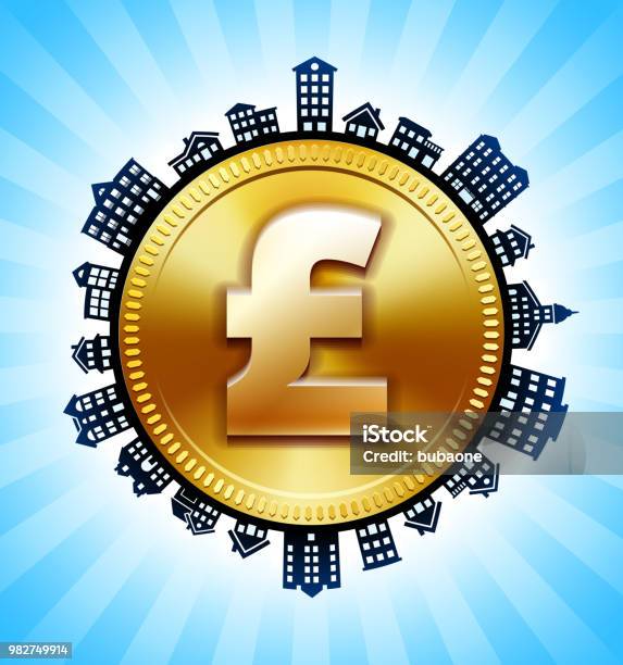 Pound Sign On Rural Cityscape Skyline Background Stock Illustration - Download Image Now - Coin, Gold - Metal, Simplicity