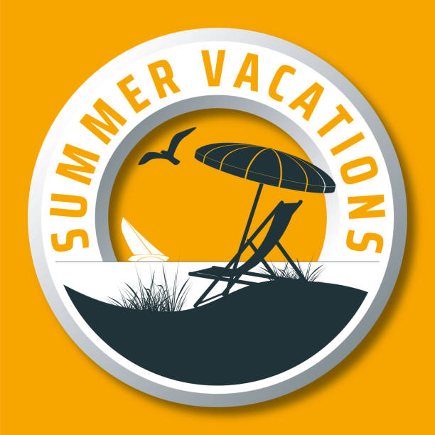 ilustraciones, imágenes clip art, dibujos animados e iconos de stock de vacaciones de verano circular vector logo - deck chair summer grass outdoor chair