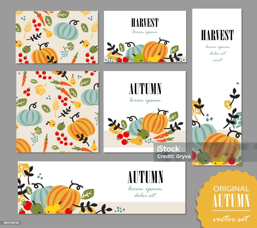 Ensemble de modèles d’automne. Dépliant, voeux carte, bannière, affiche avec légumes, fruits, baies et feuilles. Vector illustration pour la promo, publicité de la campagne de souscription. - clipart vectoriel de Automne libre de droits