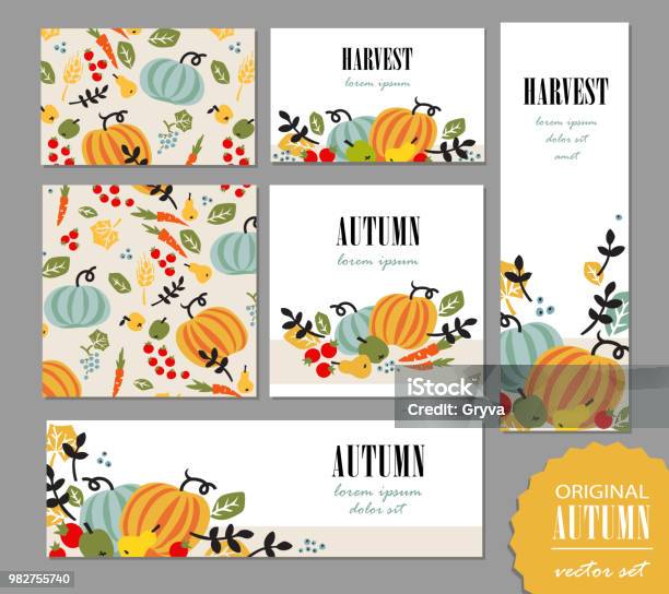 Ensemble De Modèles Dautomne Dépliant Voeux Carte Bannière Affiche Avec Légumes Fruits Baies Et Feuilles Vector Illustration Pour La Promo Publicité De La Campagne De Souscription Vecteurs libres de droits et plus d'images vectorielles de Automne