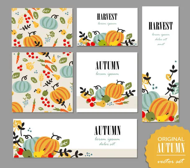 Vector illustration of Set of autumn templates. Leaflet, greeting card, banner, poster with vegetables, fruits, berries and leaves. Vector illustration for promo, sales campaign advertising.