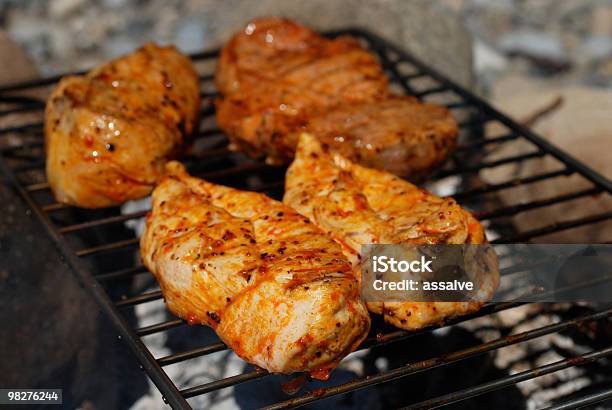 Pechuga De Pollo A La Parrilla Y Steacks En Un Fogón Natural Foto de stock y más banco de imágenes de Aire libre