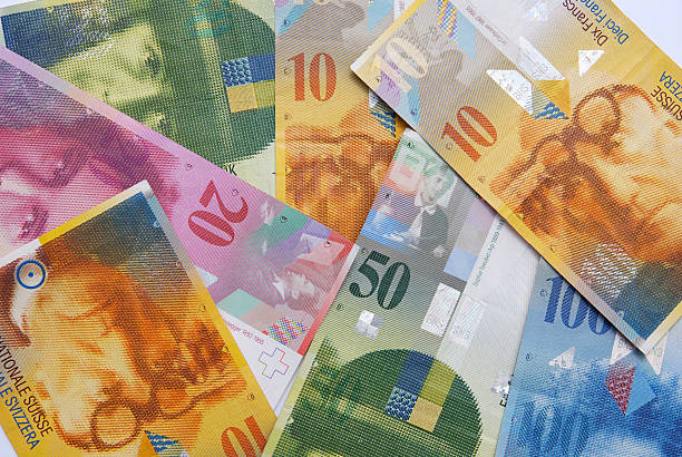 A few Swiss coins and Swiss notes are spread out on the table. The Swiss franc is a lot stronger than the euro or the dollar at the moment. Inflation. Economic crisis.