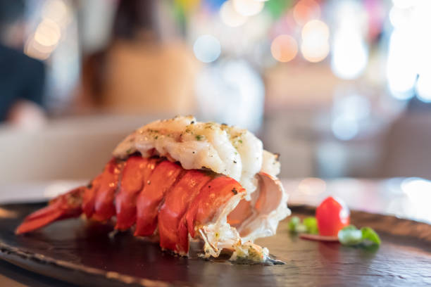 grilled lobster and vegetables on plate. - prepared fish fish grilled close up imagens e fotografias de stock