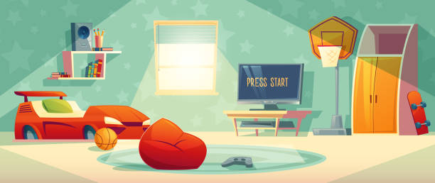 ilustrações, clipart, desenhos animados e ícones de console de videogame na ilustração de vetor de quarto de criança - bed bedroom cartoon furniture