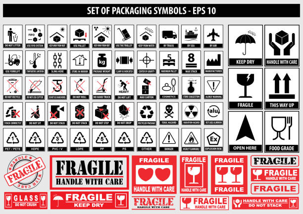 Set Of Packaging Symbols Set Of Packaging Symbols (this side up, handle with care, fragile, keep dry, keep away from direct sunlight, do not drop, do not litter, use only the trolley, use fifo system, max carton, recyclable) fragile stock illustrations