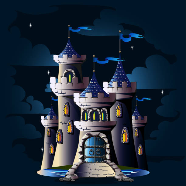 istock Fairytale towers of a stone castle with a gate and a bridge 982778634