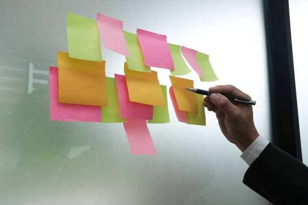 istock Businessman write on adhesive notes on glass wall. Sticky note paper reminder schedule for discussing creative idea & business brainstorming 982780044