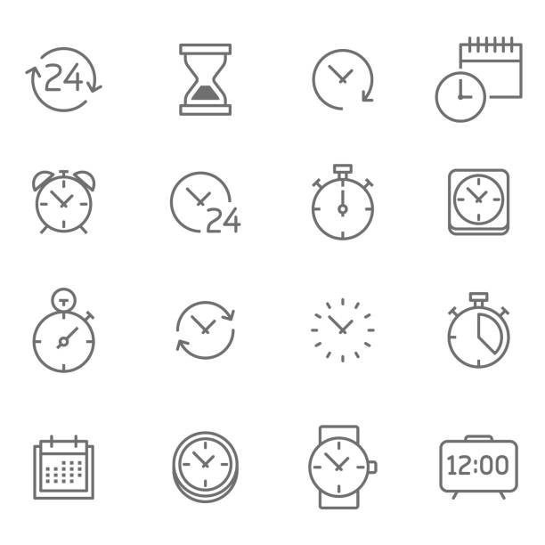 Time icon set - Illustration Symbol, Watch, 24 Hrs, Instrument of Time, Circle 24 hrs stock illustrations