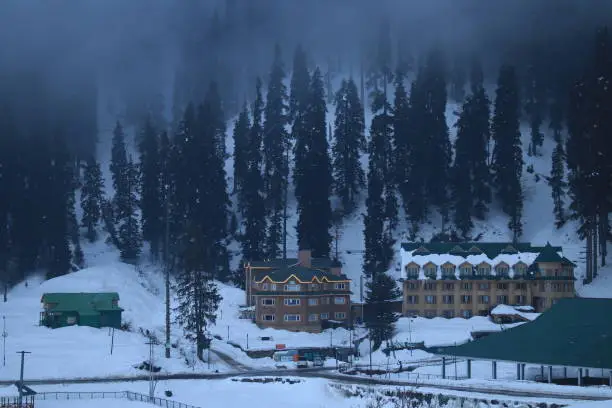 Srinagar, Kashmir, India: Snow capped  mountains at famous  place of Kashmir called Gulmarg. Gulmarg is in the Pir Panjals, one of the six ranges which make up the Himalayas.