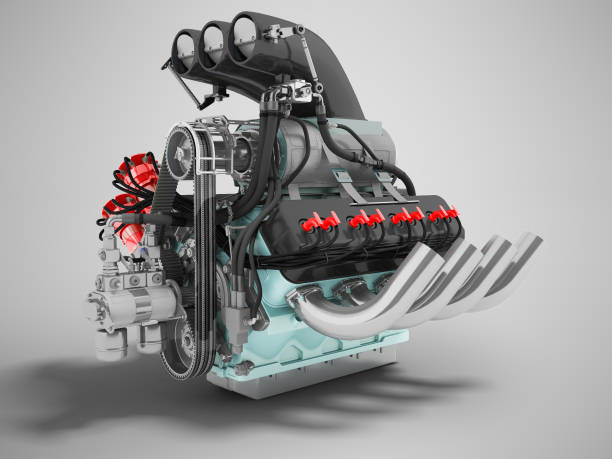 istock Modern gray automotive V engine with turbine with blue inserts 3d render on gray background with shadow 982787778