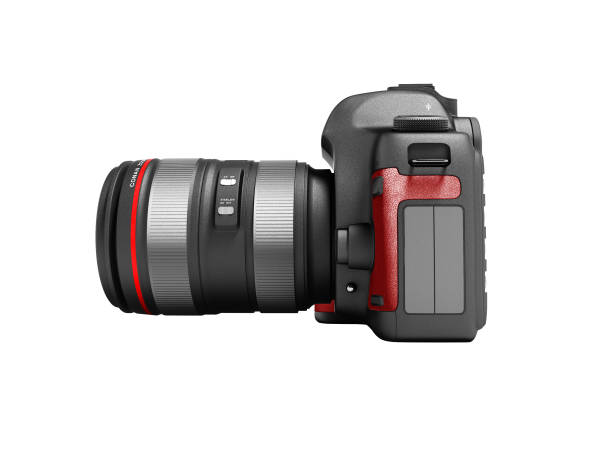istock Modern gray zoom camera with red leather inserts on the side 3d render on white background no shadow 982787790