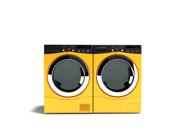 Modern orange two washing machines for large family 3d render on white background with shadow