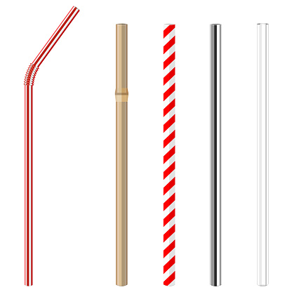 modern reusable glass, steel, paper and bamboo drinking straws as alternative replacement for classic disposable plastic drinking straw, isolated objects on white background, stock vector illustration