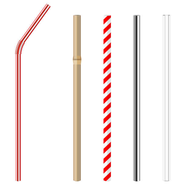plastic, paper, bamboo, metallic and glass drinking straws modern reusable glass, steel, paper and bamboo drinking straws as alternative replacement for classic disposable plastic drinking straw, isolated objects on white background, stock vector illustration white plastic tube stock illustrations
