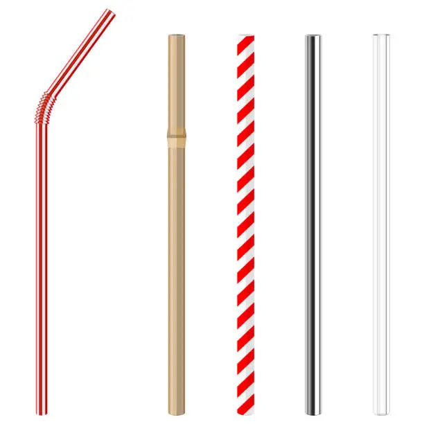 Vector illustration of plastic, paper, bamboo, metallic and glass drinking straws