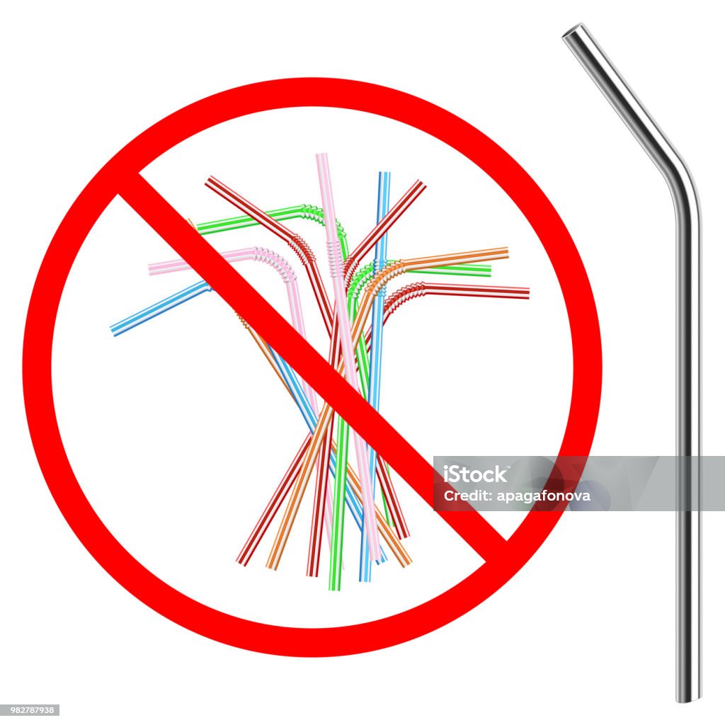 refusal of disposable plastic drinking straw in favor of reusable metallic drinking straw refusal of disposable plastic drinking straw in favor of reusable metallic drinking straw, stop sign on white background, ban plastic drinking straw, stock vector illustration Aluminum stock vector