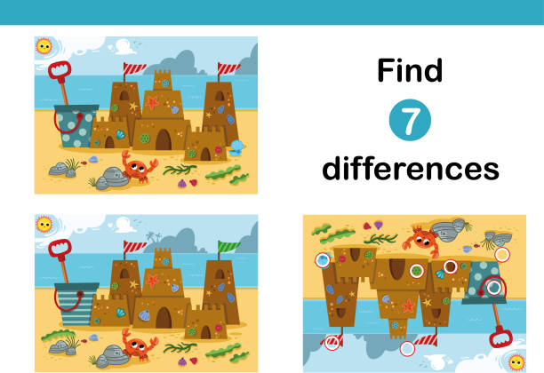 Find 7 differences education game for children, featuring a sand castle on the beach. Find 7 differences education game for children, featuring a sand castle on the beach. Vector illustration. sand clipart stock illustrations