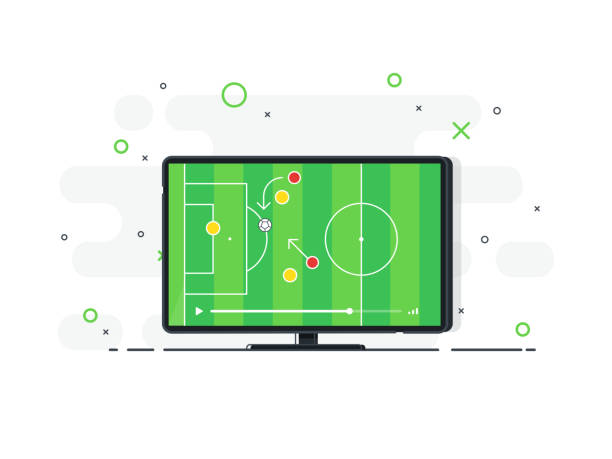 istock Soccer match on TV set. Playing field on screen. Trendy flat vector illustration. 982792060