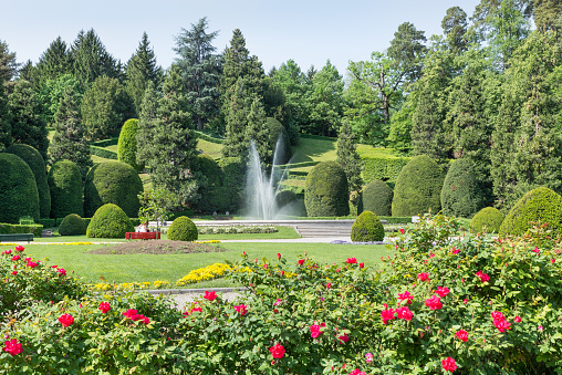 Public gardens or Estensi gardens (giardini Estensi) - Estense palace (palazzo Estense), with a large fountain in the center, 18th-century gardens (about 1750). Itinerary in northern Italy