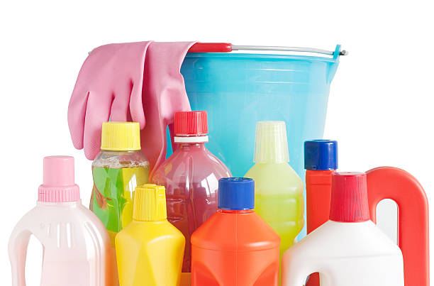 istock Cleaning bottles with a blue bucket and gloves 98280033