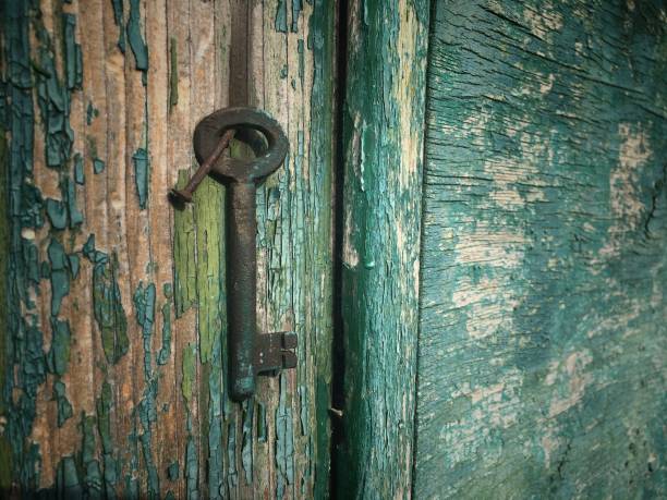 istock Vintage brass key on wooden wall stuck on rusty nail 982803890