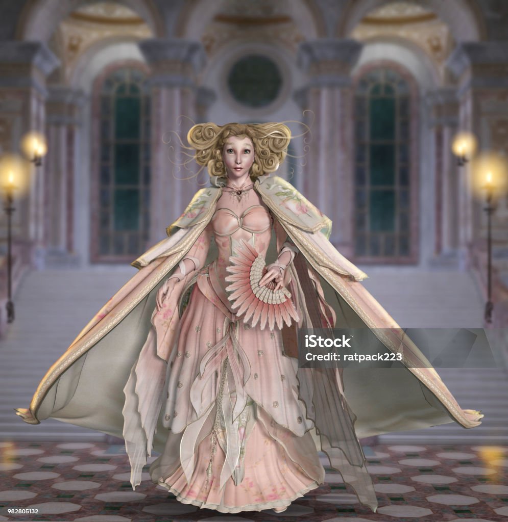 Princess like woman in a vintage prom dress A princess like beautiful woman, in a vintage prom dress, on her way through the palace to her first dance. 3d render illustration Prom Stock Photo