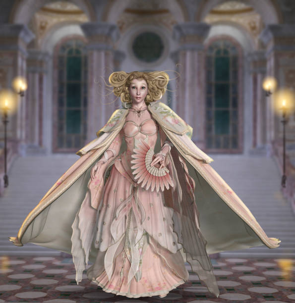 Princess like woman in a vintage prom dress A princess like beautiful woman, in a vintage prom dress, on her way through the palace to her first dance. 3d render illustration prom queen stock pictures, royalty-free photos & images