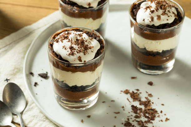 Sweet Homemade Chocolate Parfait Dessert Sweet Homemade Chocolate Parfait Dessert with Whipped Cream parfait photos stock pictures, royalty-free photos & images