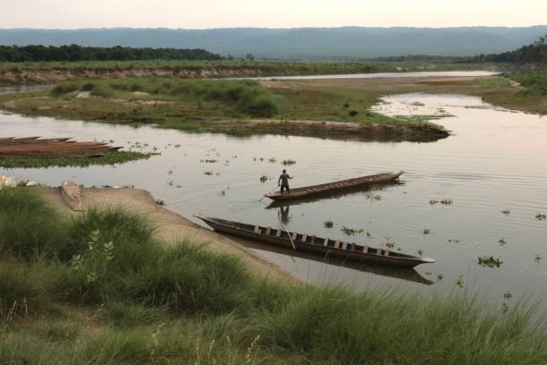 nepalesische mann reisen mit dem boot auf einem rapti fluss in einem nationalpark chitwan - chitwan stock-fotos und bilder