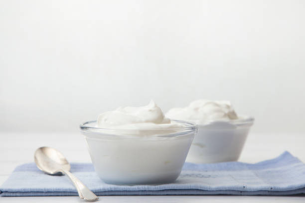 plain greek yogurt in a bowl for breakfast - yogurt greek culture milk healthy eating imagens e fotografias de stock